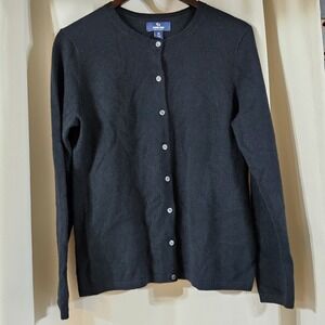 Lands End 100% Cashmere Black Button Front Cardigan Sweater Women M Classic Knit